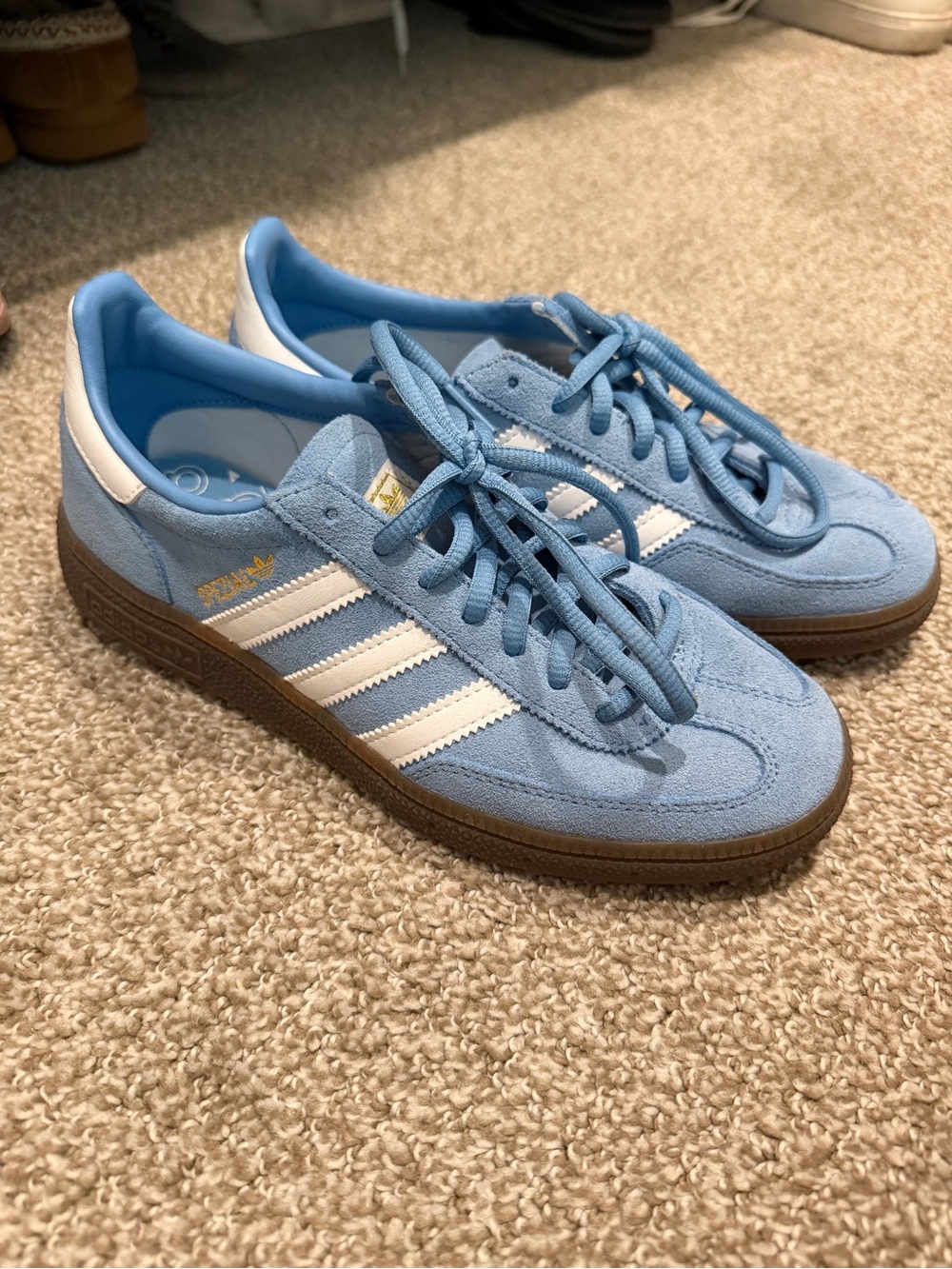 adidas Suede Sneakers in Light Blue and White with Gum Sole